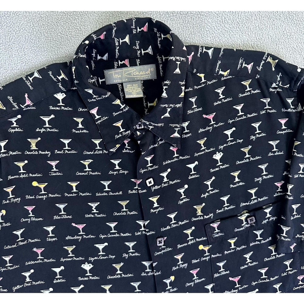 Tori Richard Shirt Mens Medium Black Silk Martini Cocktail Hawaiian Beach